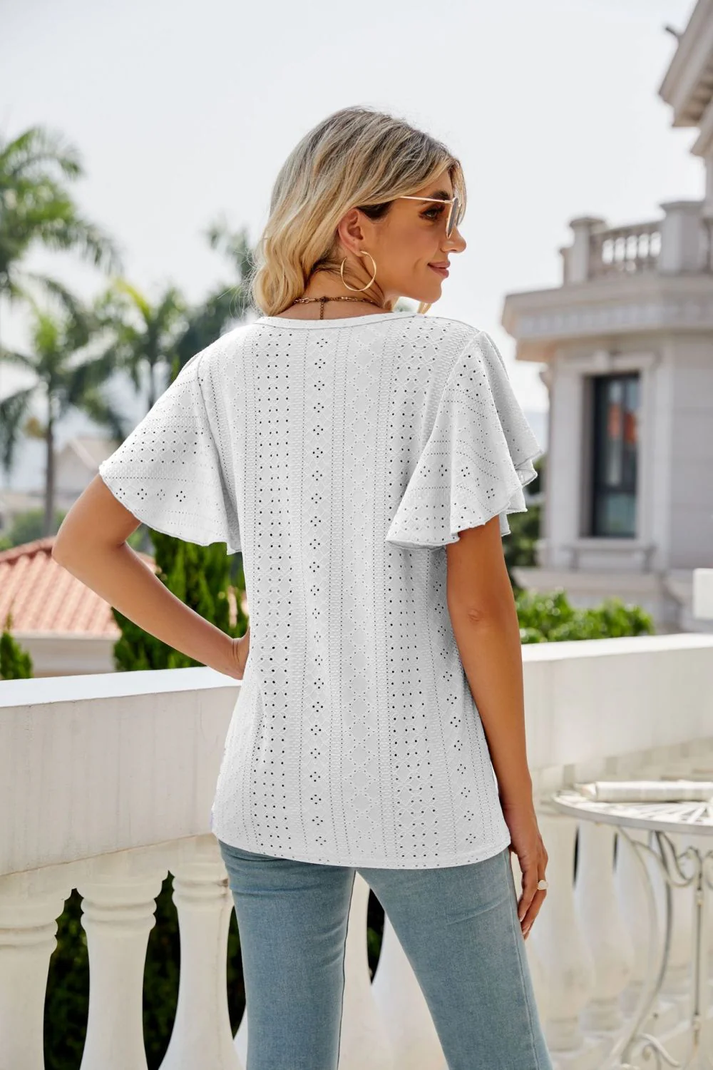 Eyelet Flutter Sleeve Round Neck Top - Image 7
