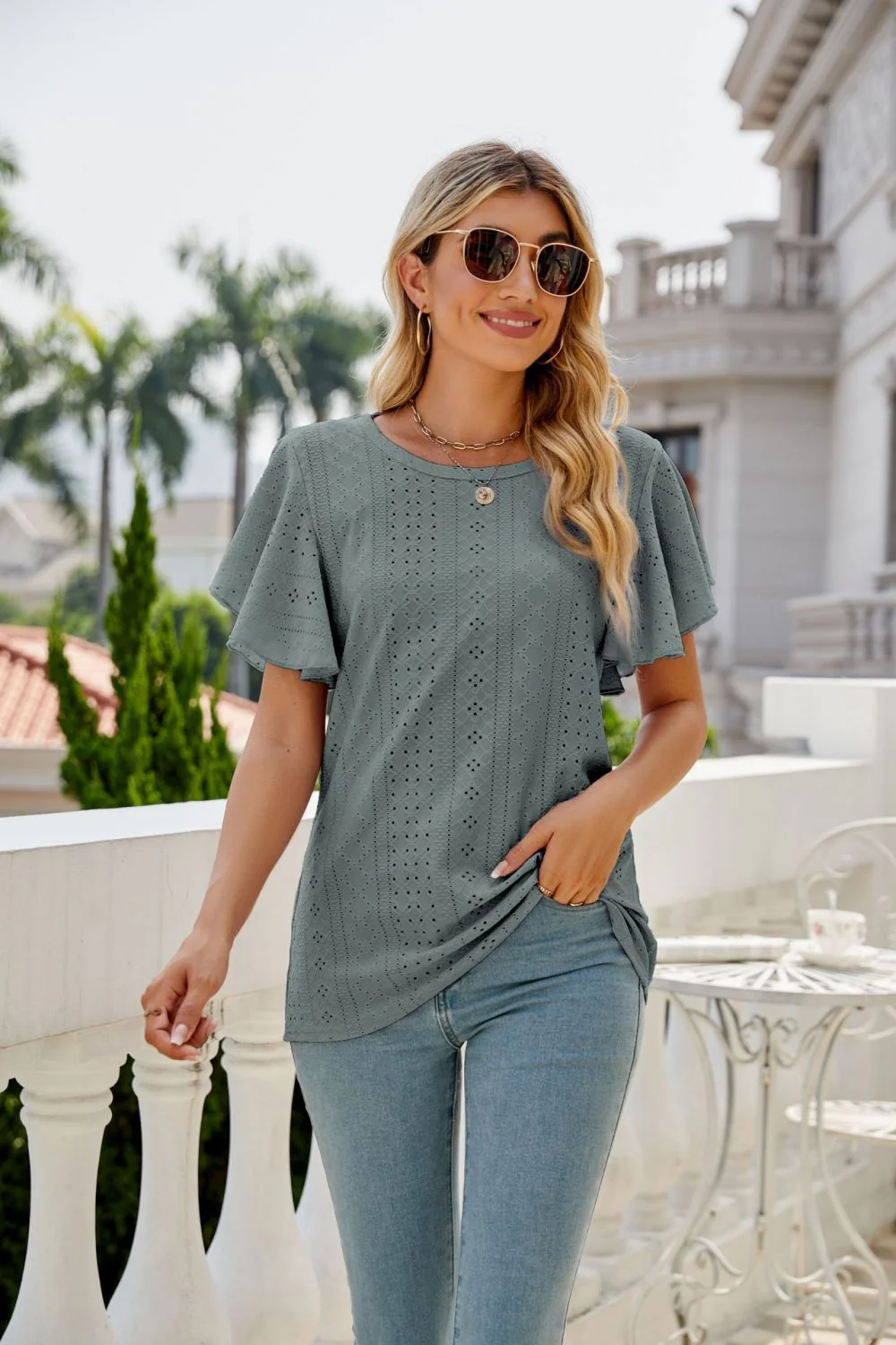Eyelet Flutter Sleeve Round Neck Top - Image 9