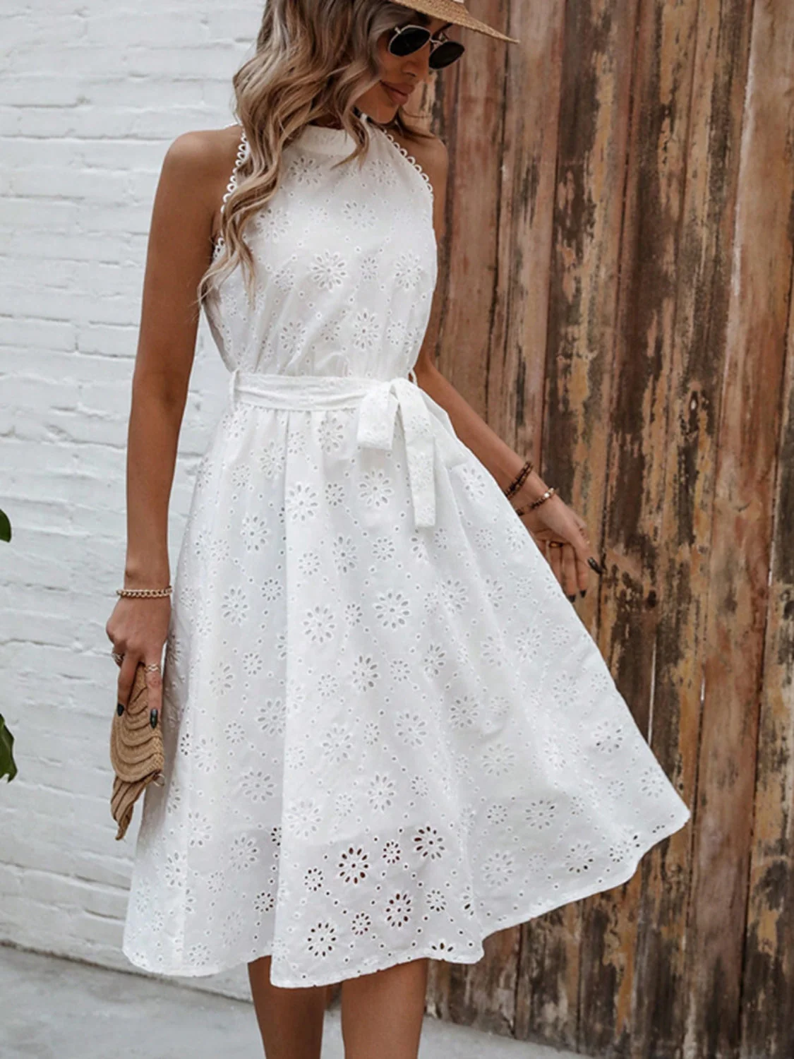 Eyelet Grecian Neck Tie Waist Midi Dress - Image 2
