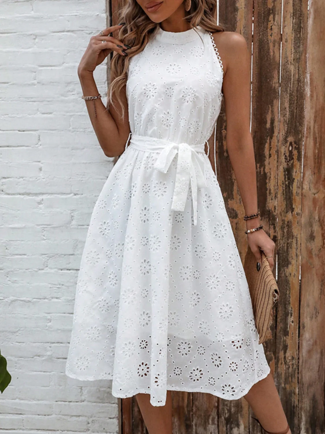 Eyelet Grecian Neck Tie Waist Midi Dress - Image 4