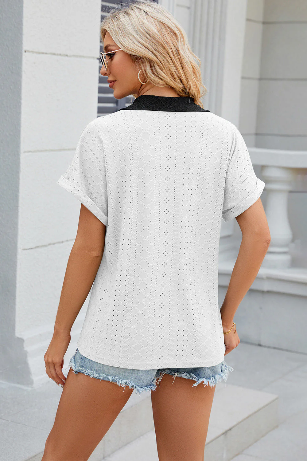 Eyelet Johnny Collar Short Sleeve T-Shirt - Image 12