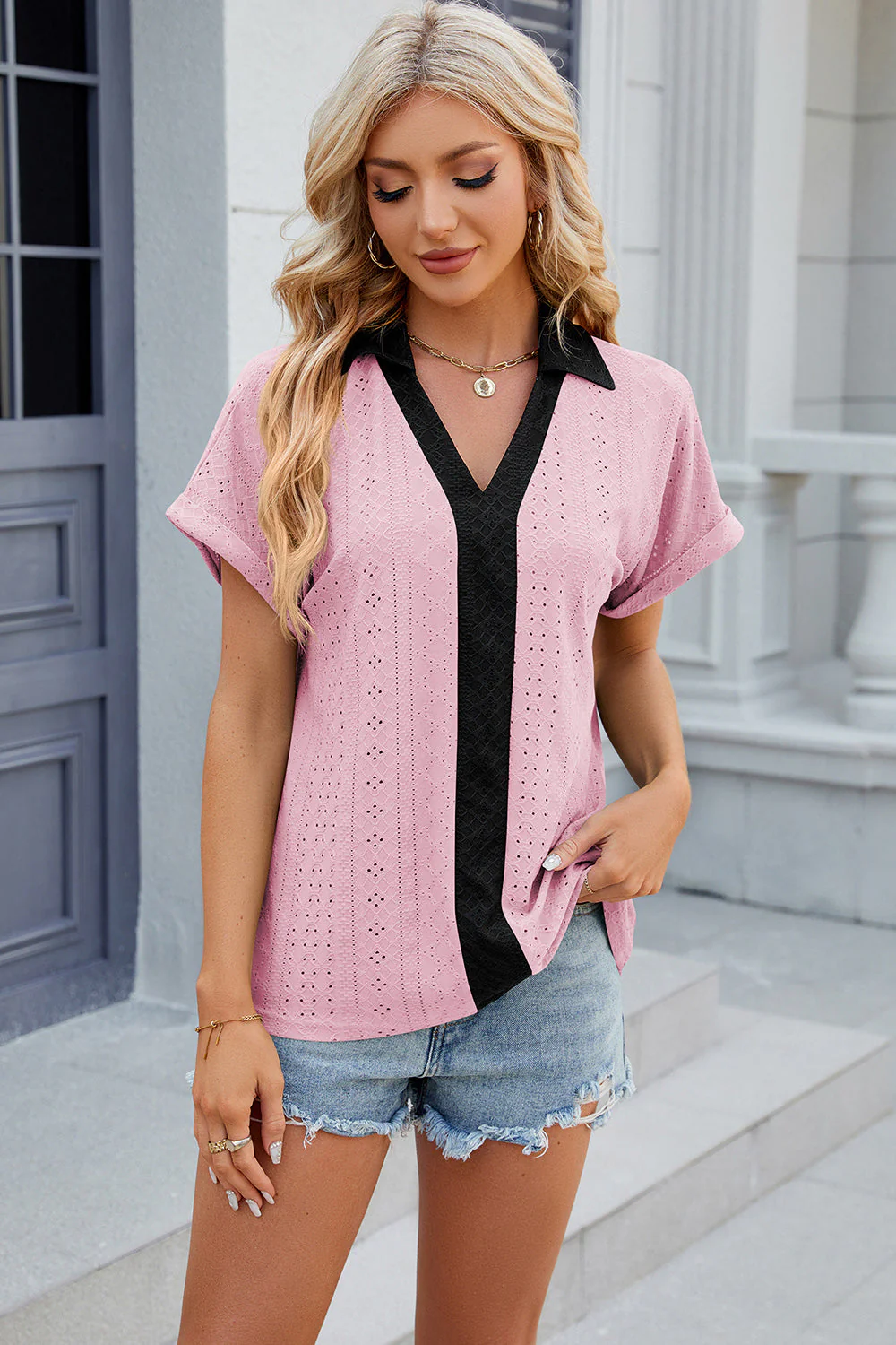 Eyelet Johnny Collar Short Sleeve T-Shirt - Image 13