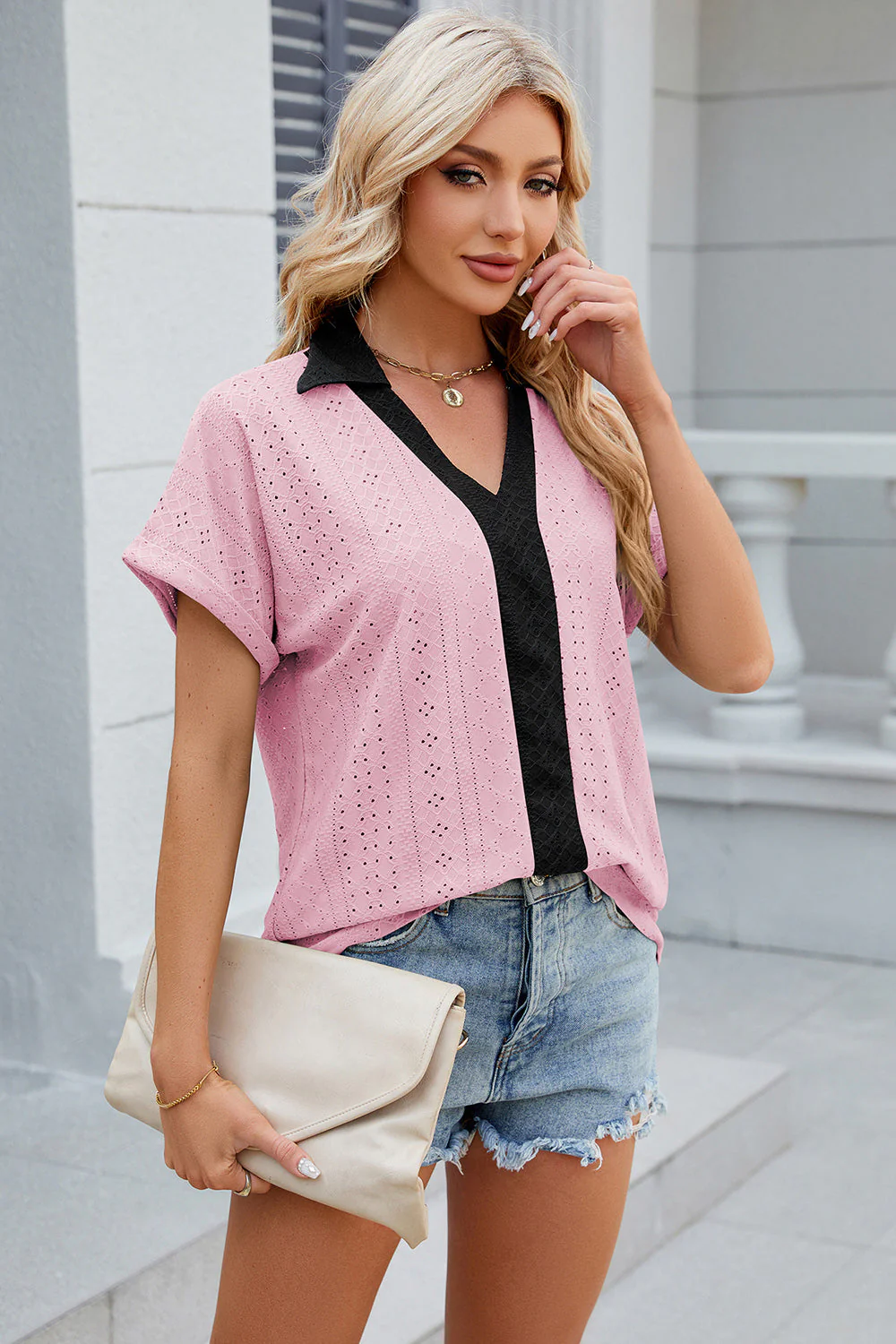 Eyelet Johnny Collar Short Sleeve T-Shirt - Image 14