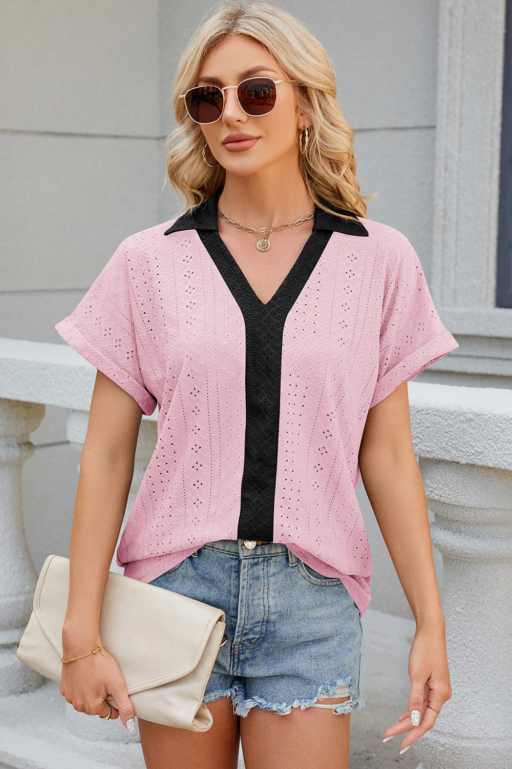 Eyelet Johnny Collar Short Sleeve T-Shirt - Image 15