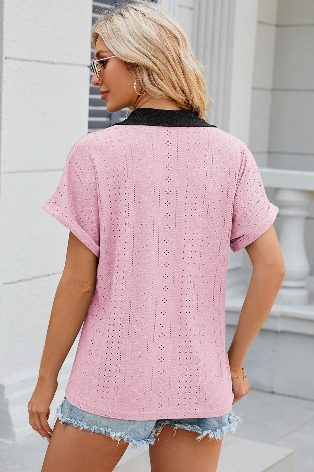 Eyelet Johnny Collar Short Sleeve T-Shirt - Image 16