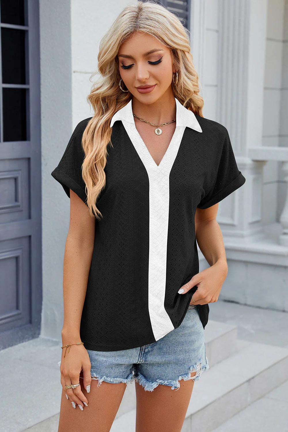 Eyelet Johnny Collar Short Sleeve T-Shirt - Image 17