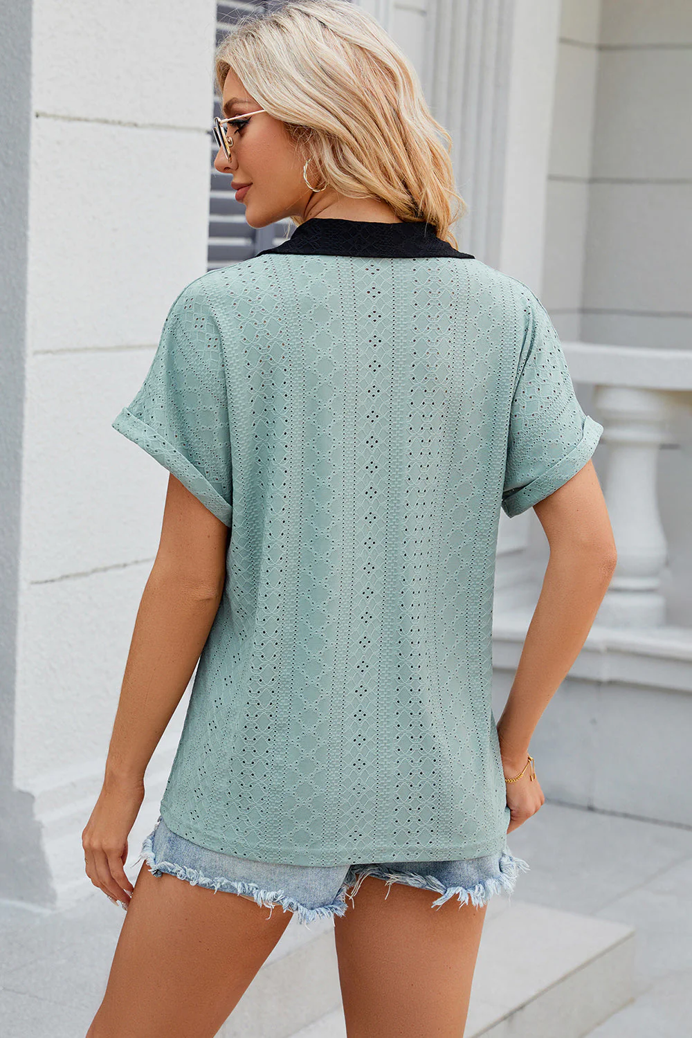 Eyelet Johnny Collar Short Sleeve T-Shirt - Image 2