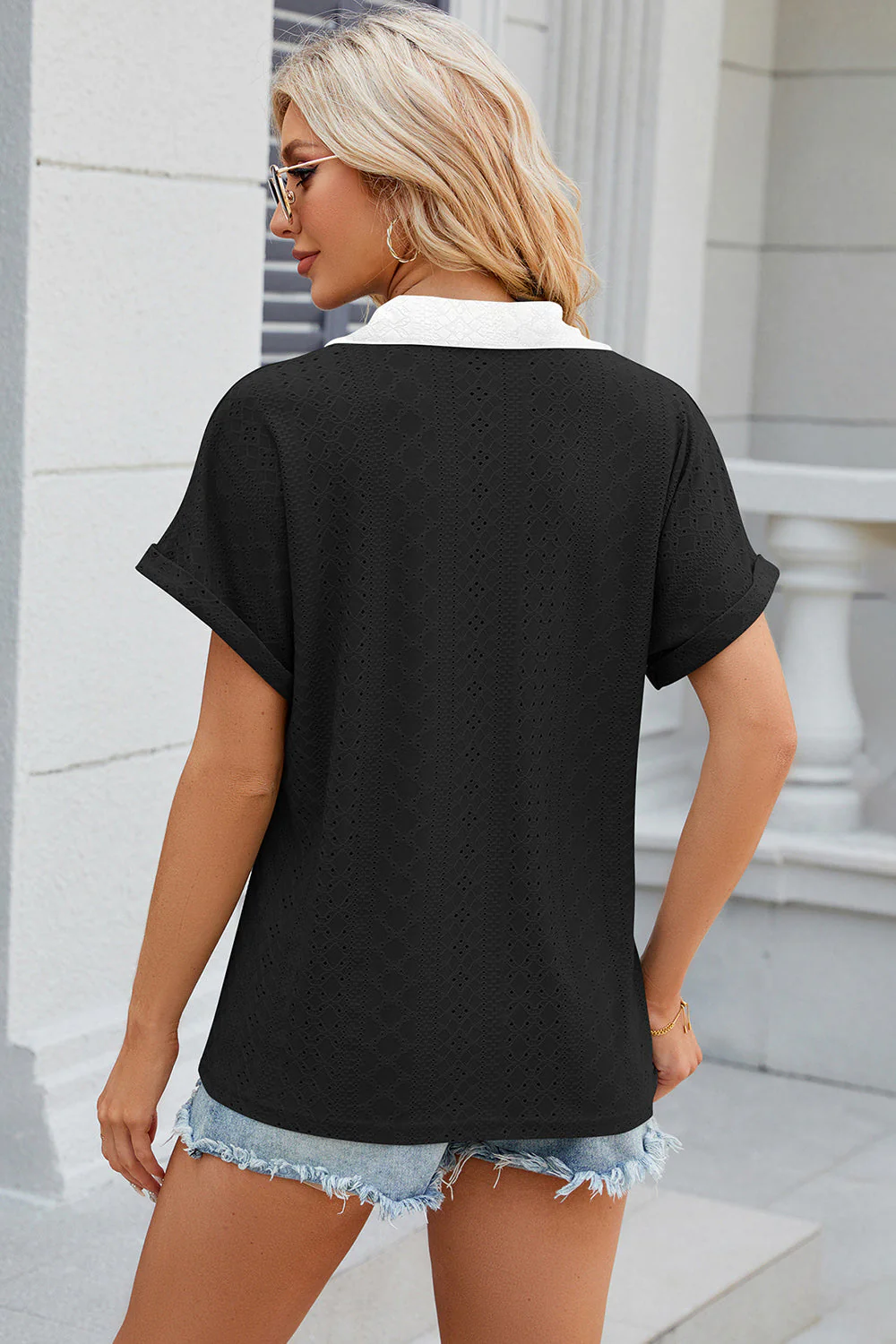Eyelet Johnny Collar Short Sleeve T-Shirt - Image 20