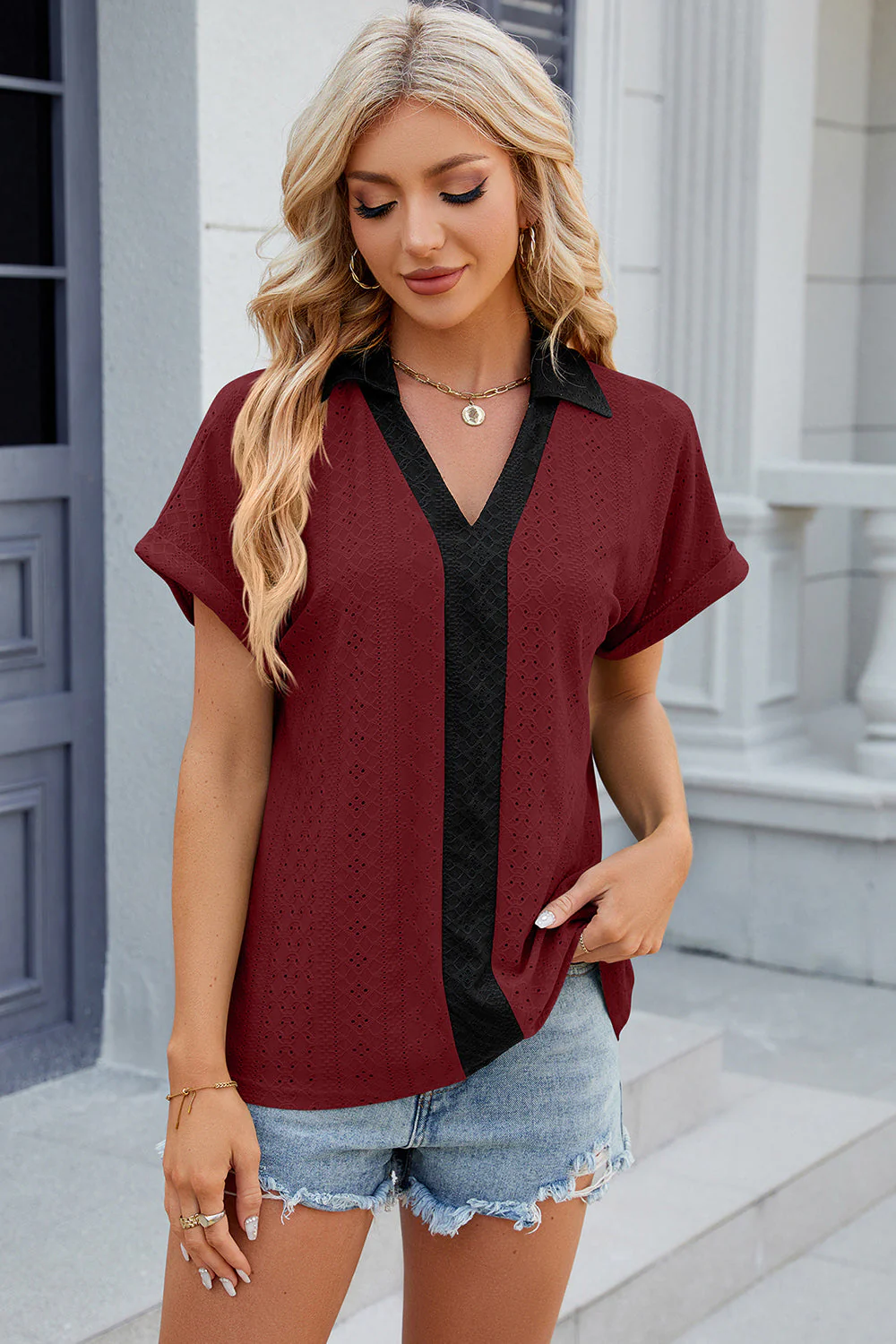 Eyelet Johnny Collar Short Sleeve T-Shirt - Image 21