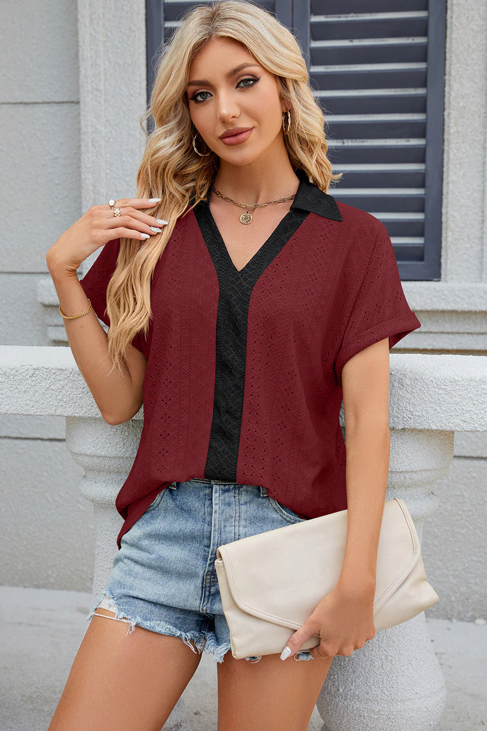 Eyelet Johnny Collar Short Sleeve T-Shirt - Image 22