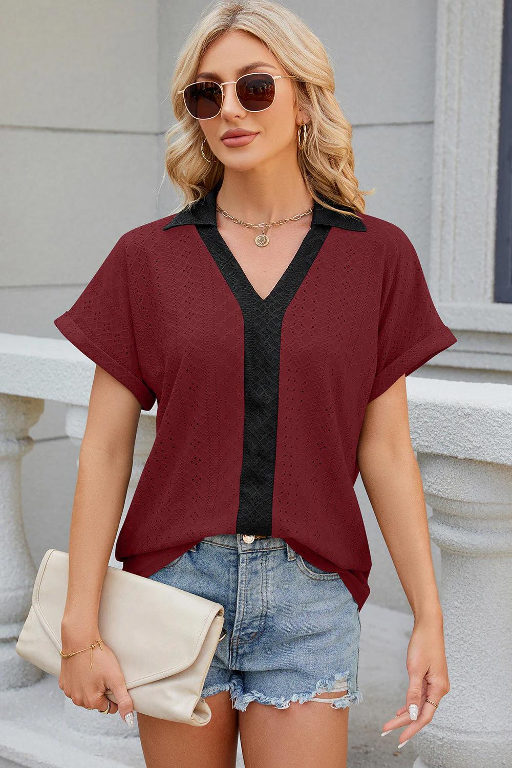 Eyelet Johnny Collar Short Sleeve T-Shirt - Image 23