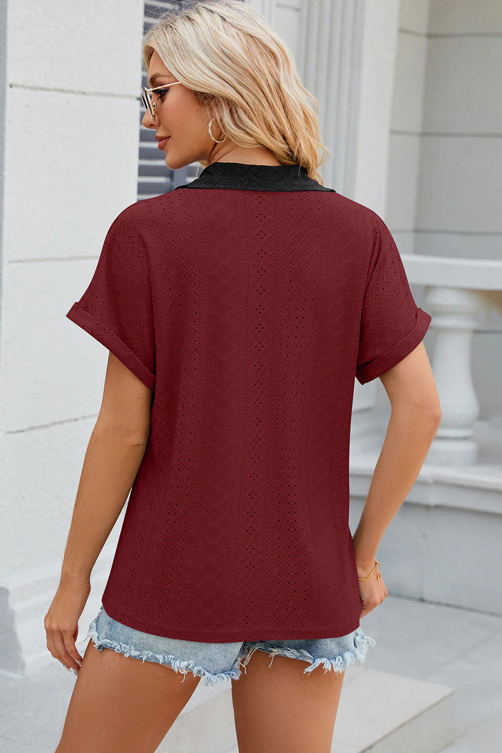 Eyelet Johnny Collar Short Sleeve T-Shirt - Image 24