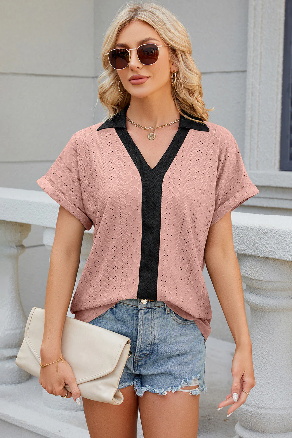 Eyelet Johnny Collar Short Sleeve T-Shirt - Image 25