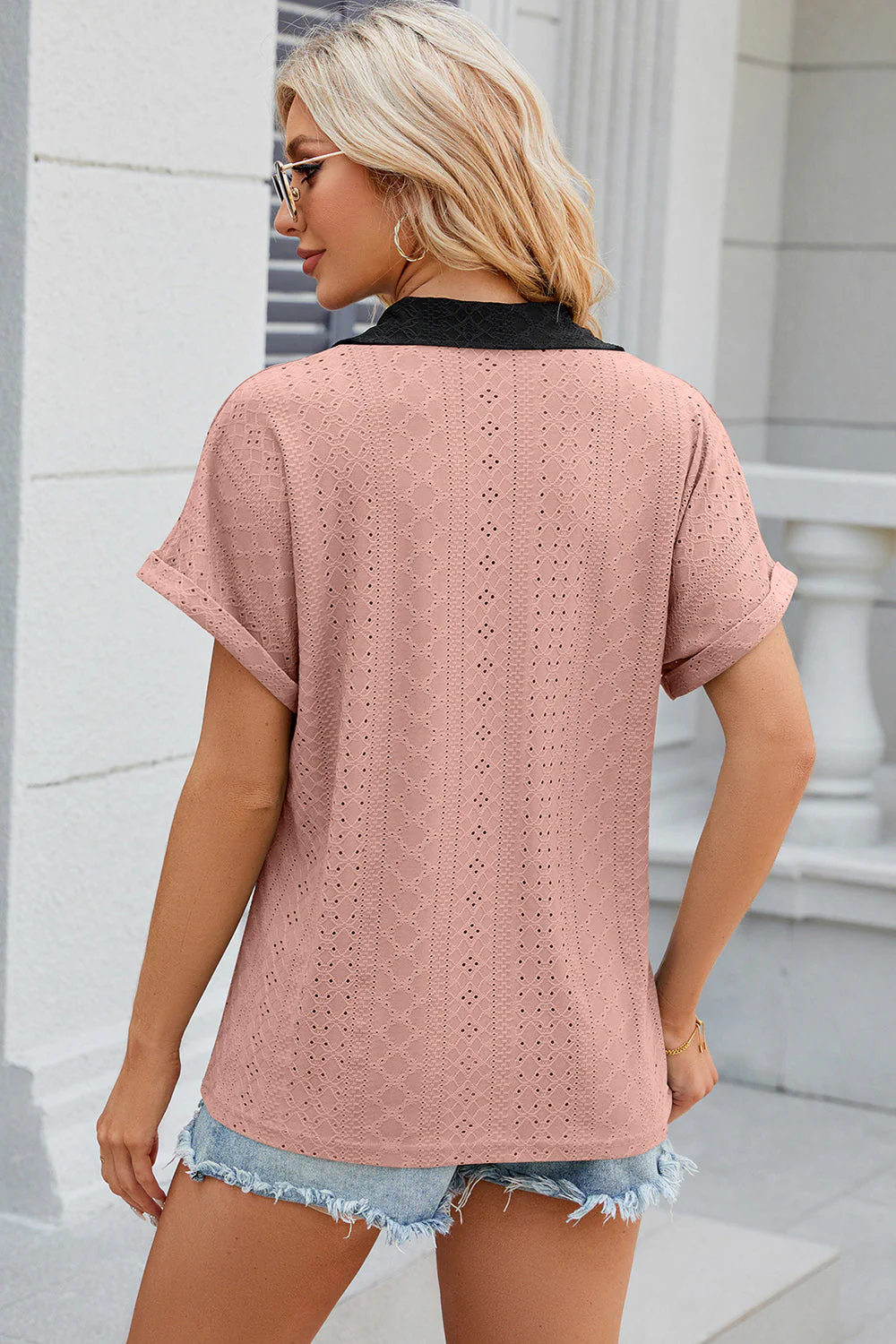 Eyelet Johnny Collar Short Sleeve T-Shirt - Image 28