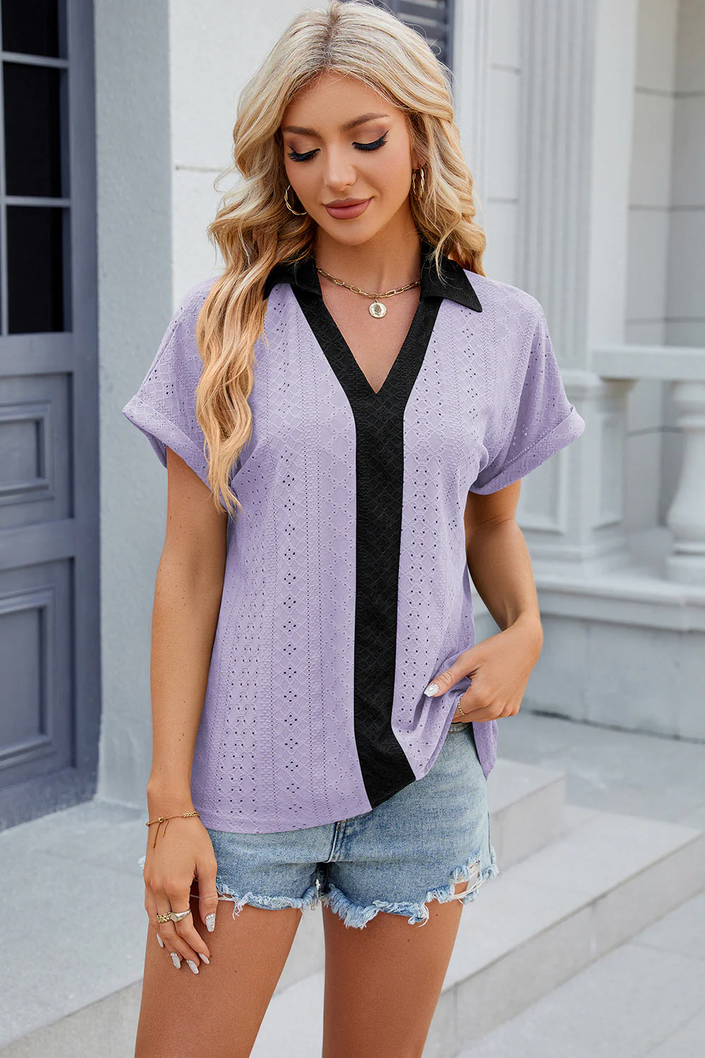 Eyelet Johnny Collar Short Sleeve T-Shirt - Image 30