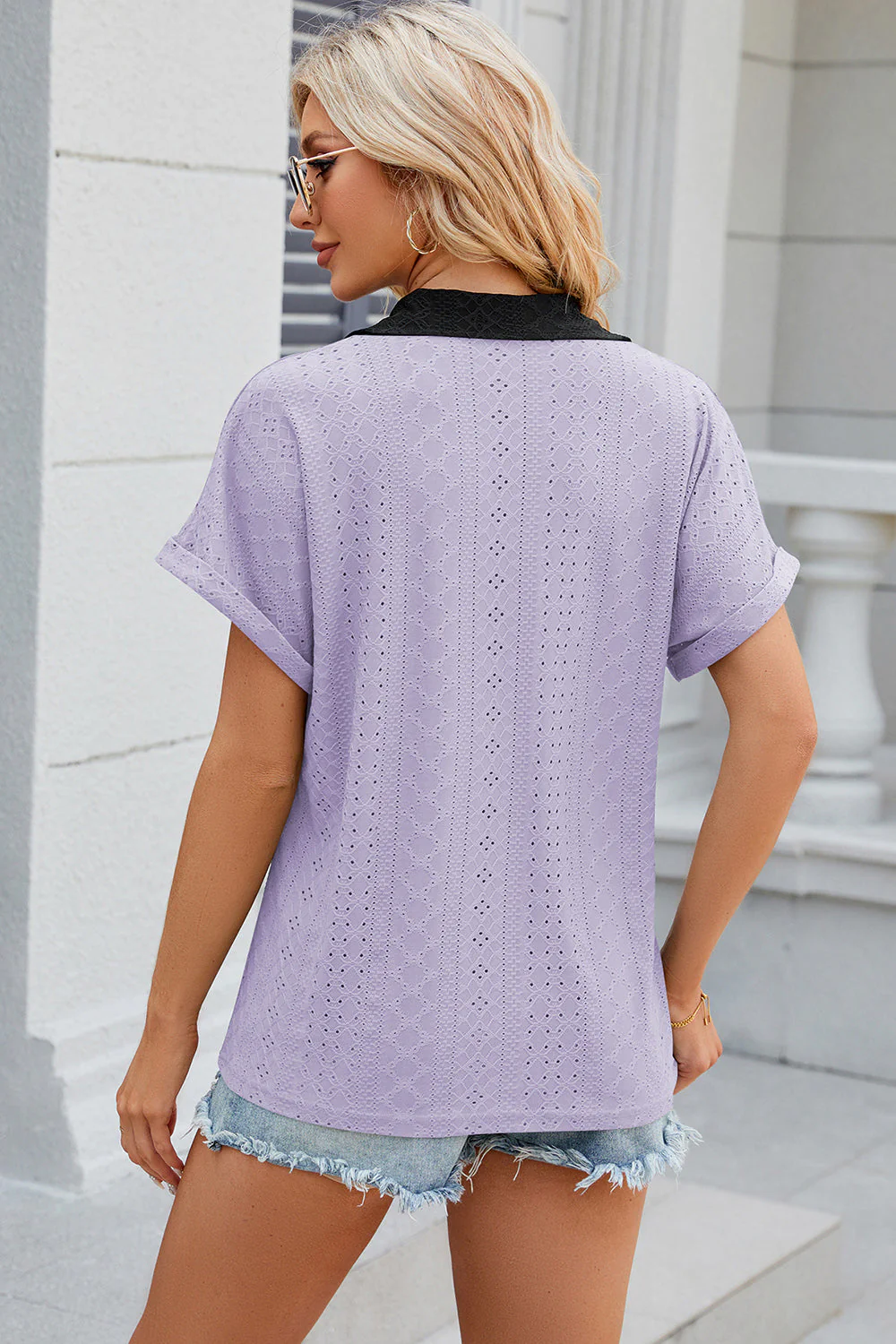 Eyelet Johnny Collar Short Sleeve T-Shirt - Image 32