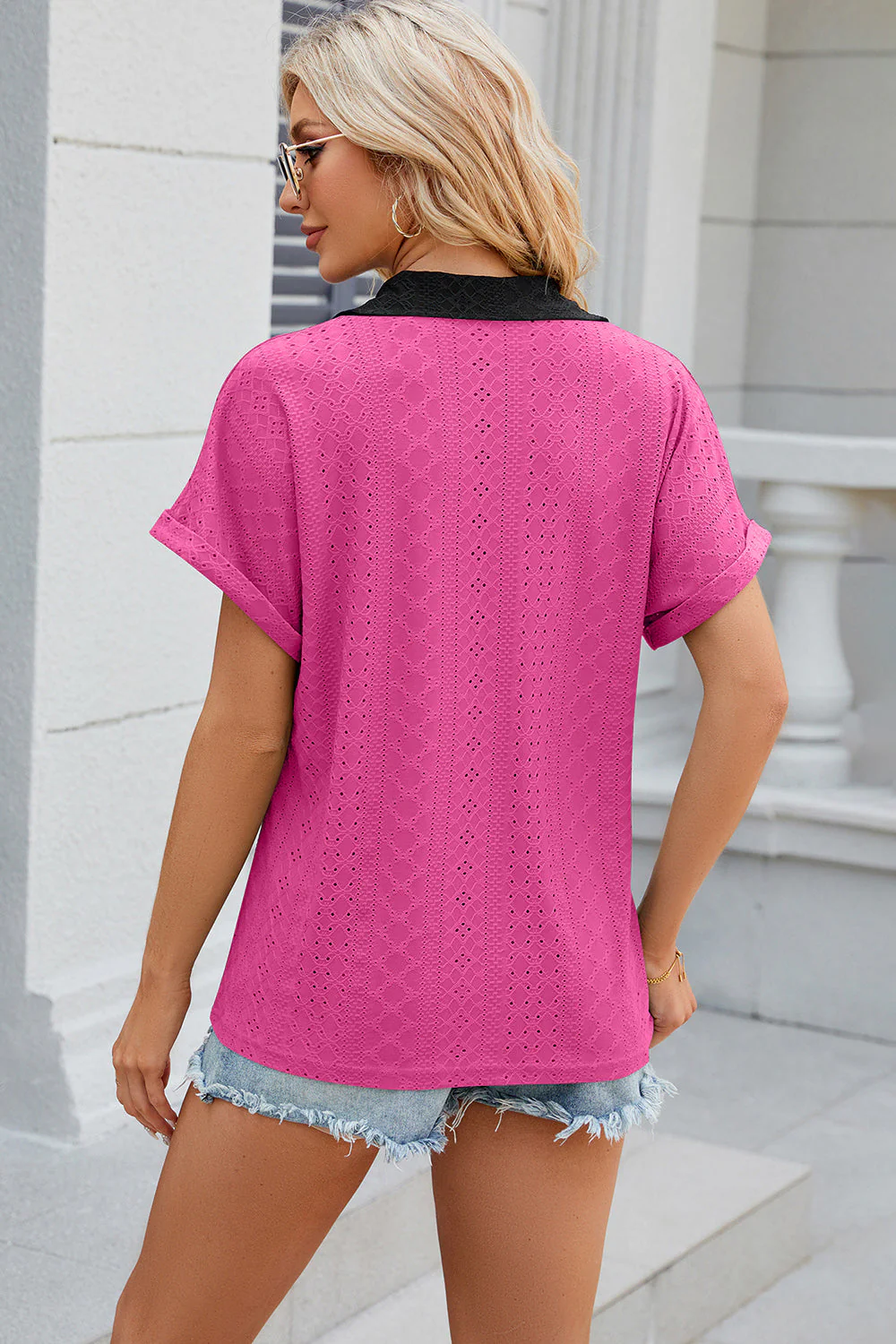 Eyelet Johnny Collar Short Sleeve T-Shirt - Image 8
