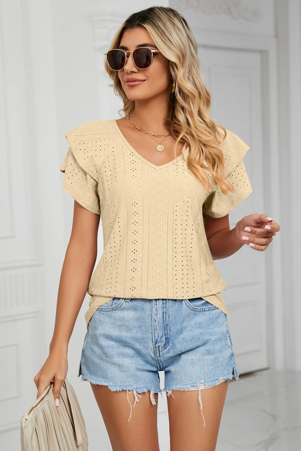 Eyelet Layered Flutter Sleeve V-Neck Knit Top - Image 10