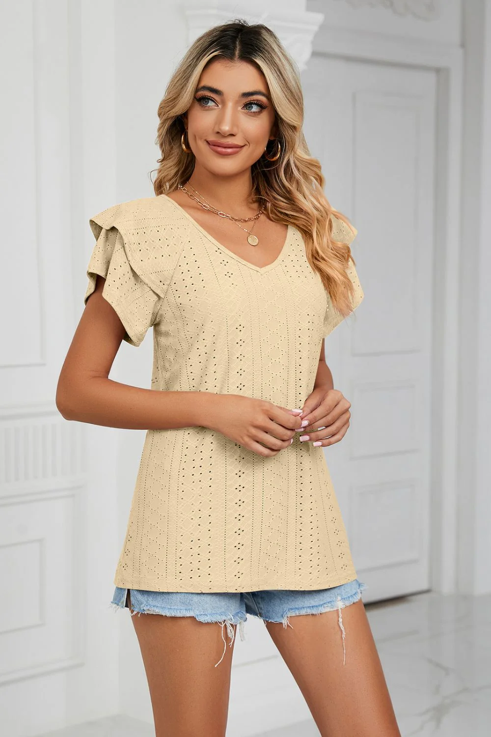 Eyelet Layered Flutter Sleeve V-Neck Knit Top - Image 11