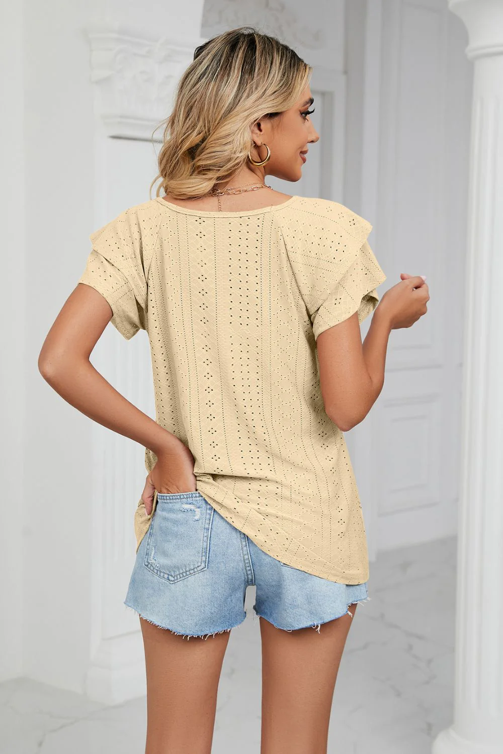 Eyelet Layered Flutter Sleeve V-Neck Knit Top - Image 12
