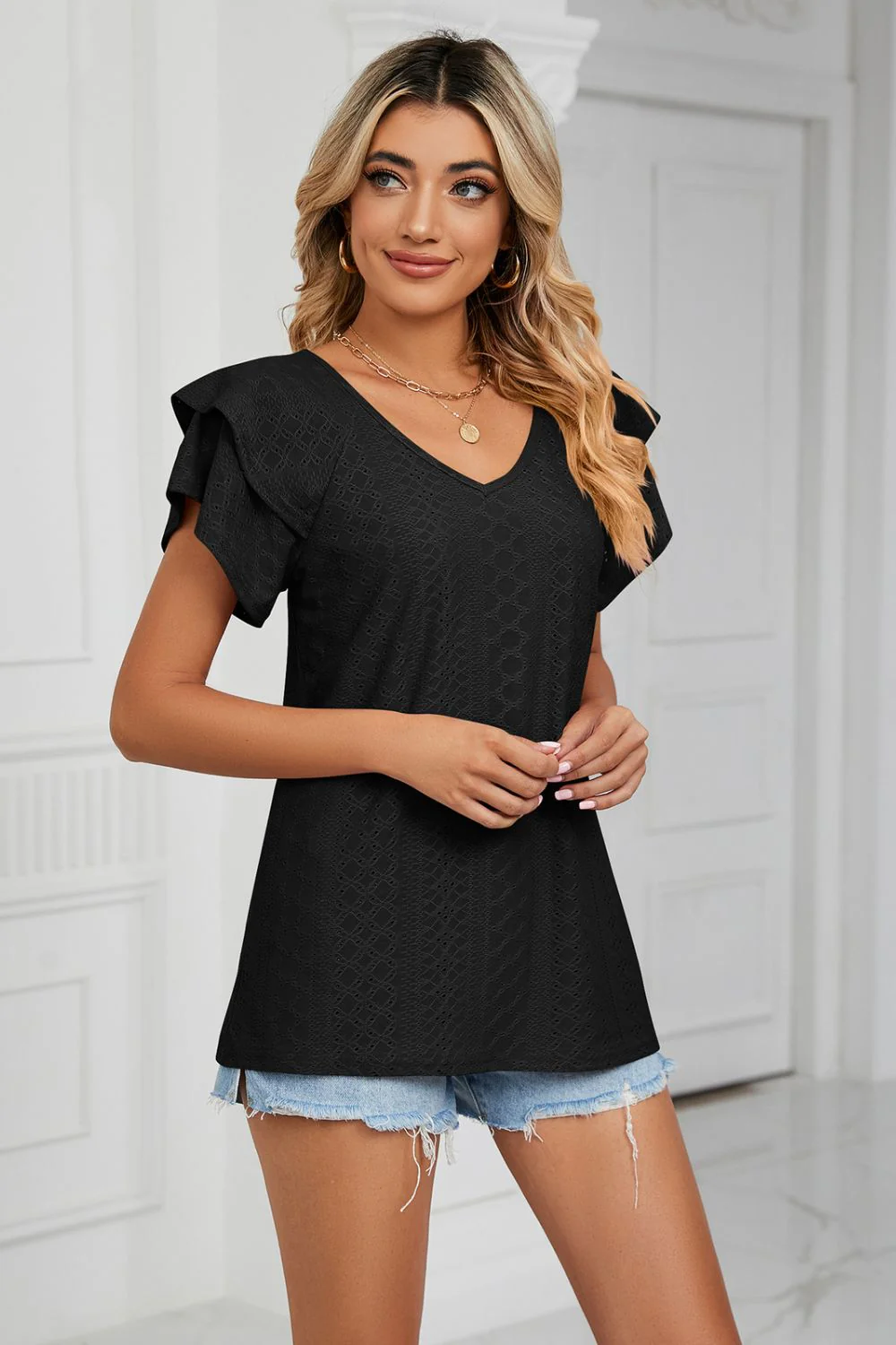 Eyelet Layered Flutter Sleeve V-Neck Knit Top - Image 14