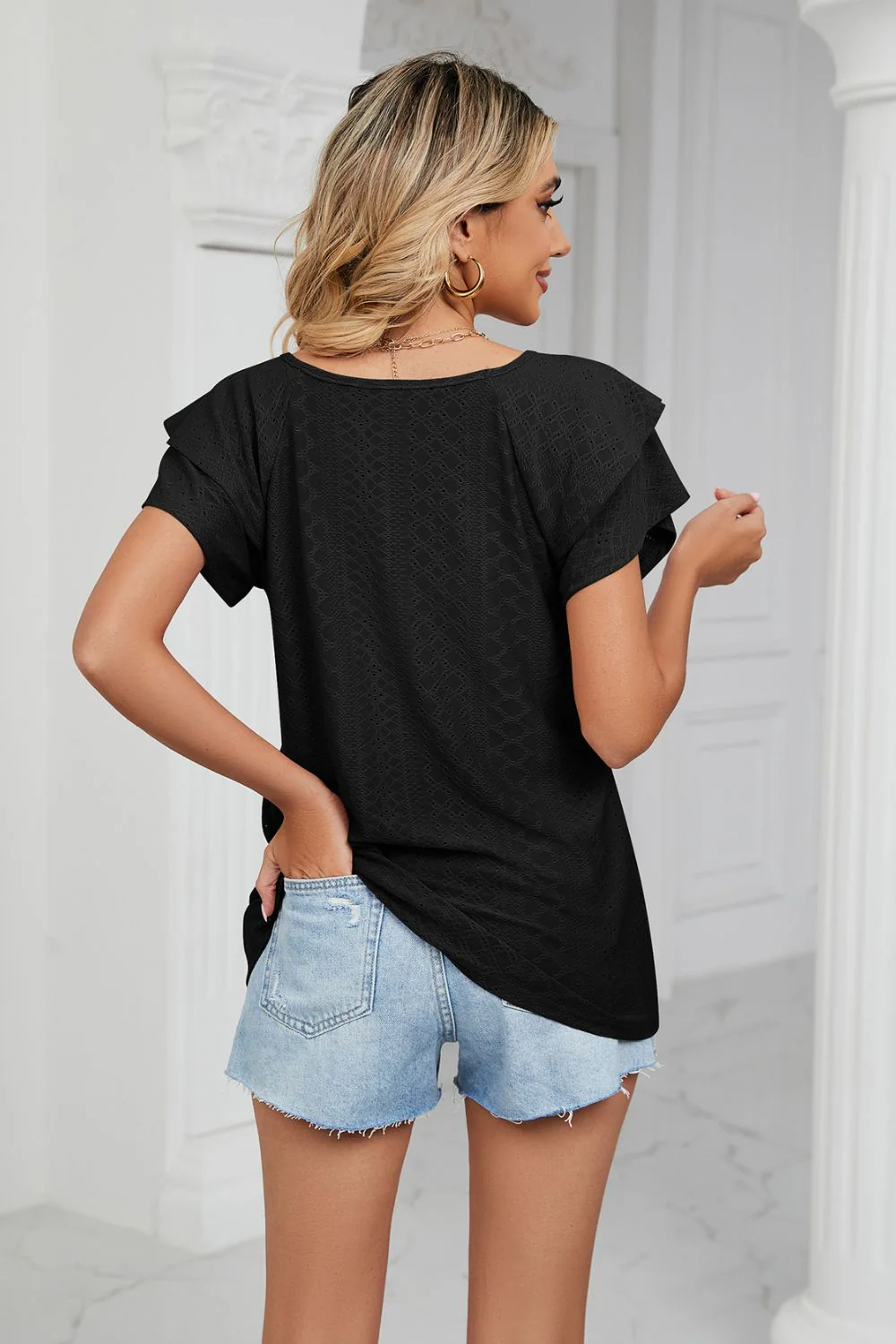 Eyelet Layered Flutter Sleeve V-Neck Knit Top - Image 15