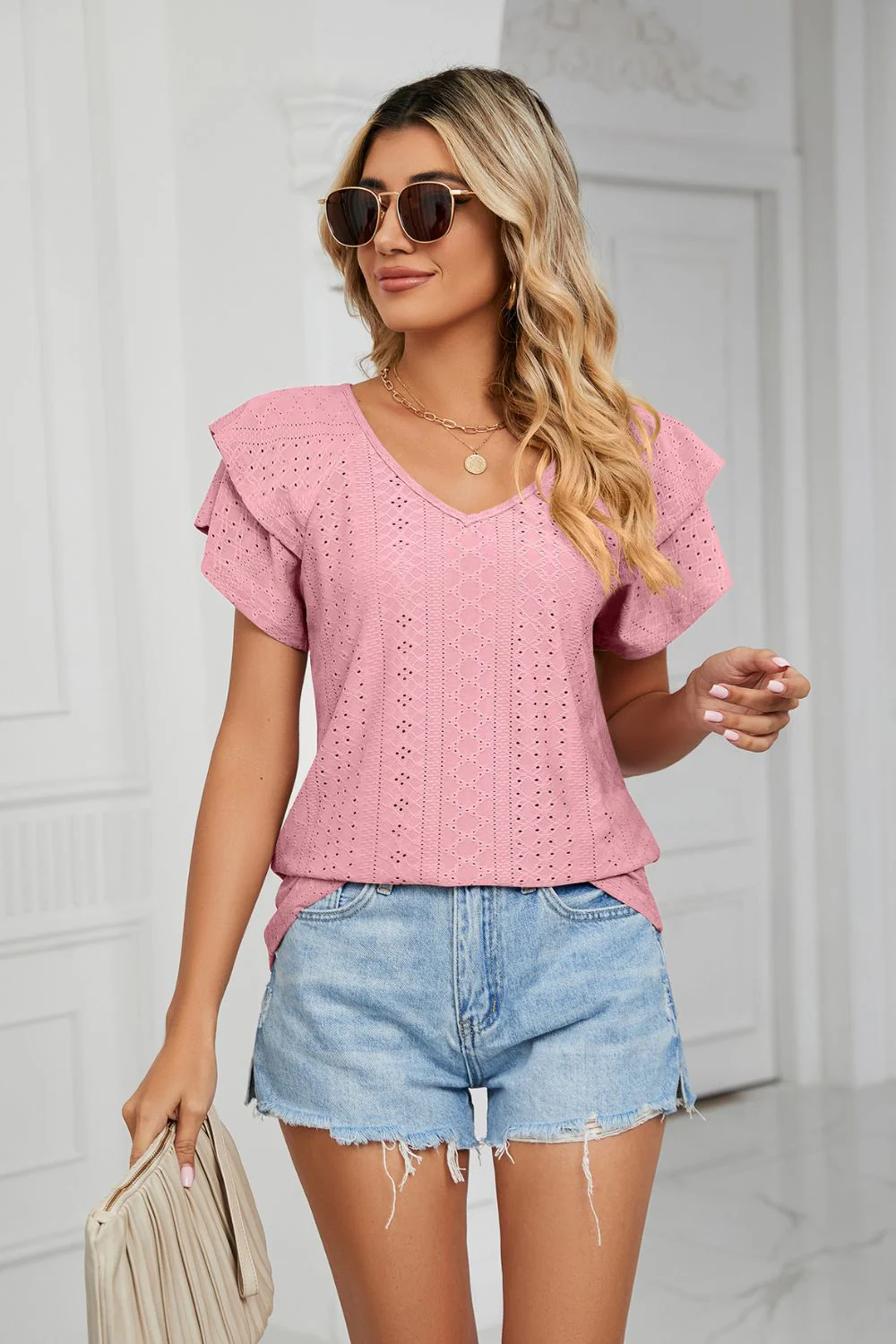 Eyelet Layered Flutter Sleeve V-Neck Knit Top - Image 16