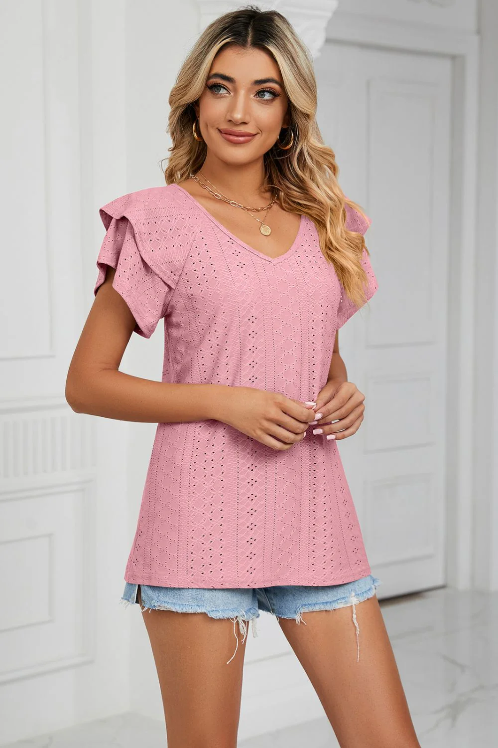 Eyelet Layered Flutter Sleeve V-Neck Knit Top - Image 17