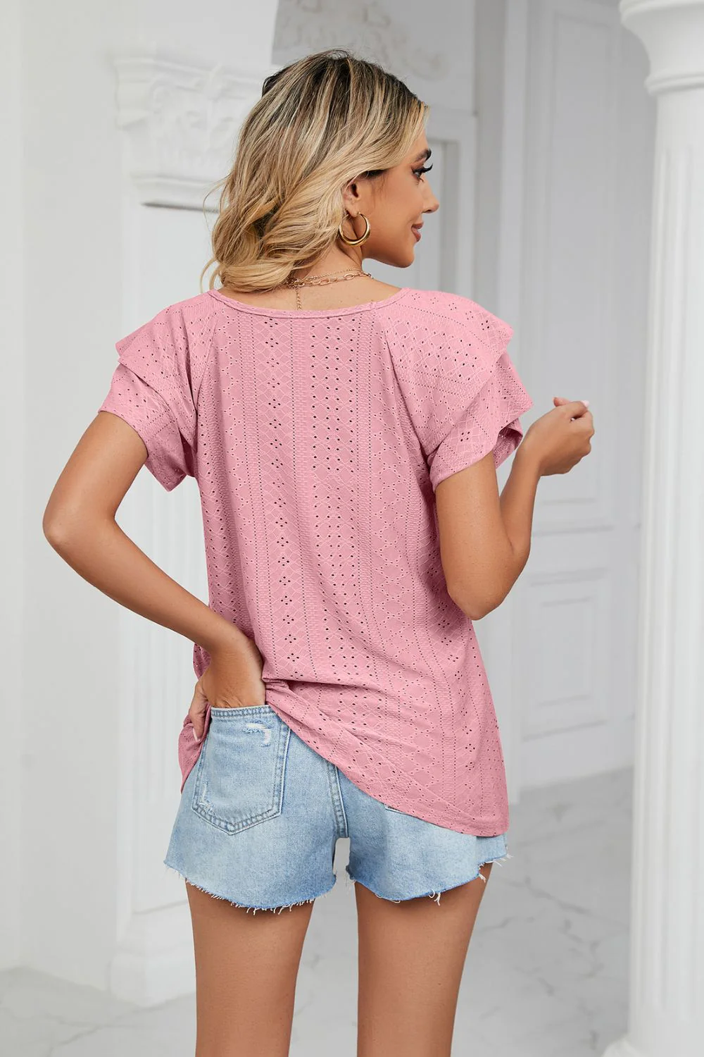 Eyelet Layered Flutter Sleeve V-Neck Knit Top - Image 18