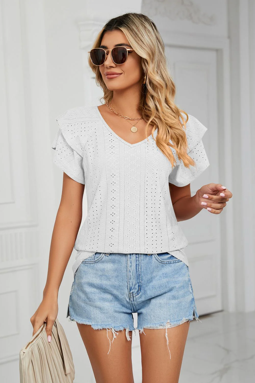 Eyelet Layered Flutter Sleeve V-Neck Knit Top - Image 19