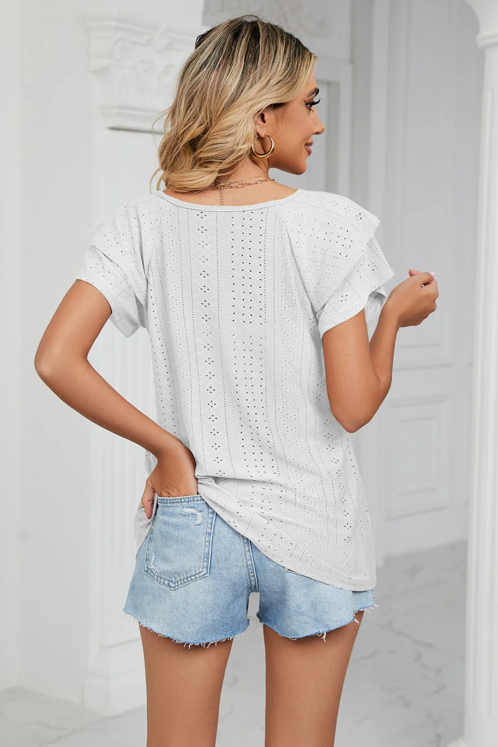 Eyelet Layered Flutter Sleeve V-Neck Knit Top - Image 21