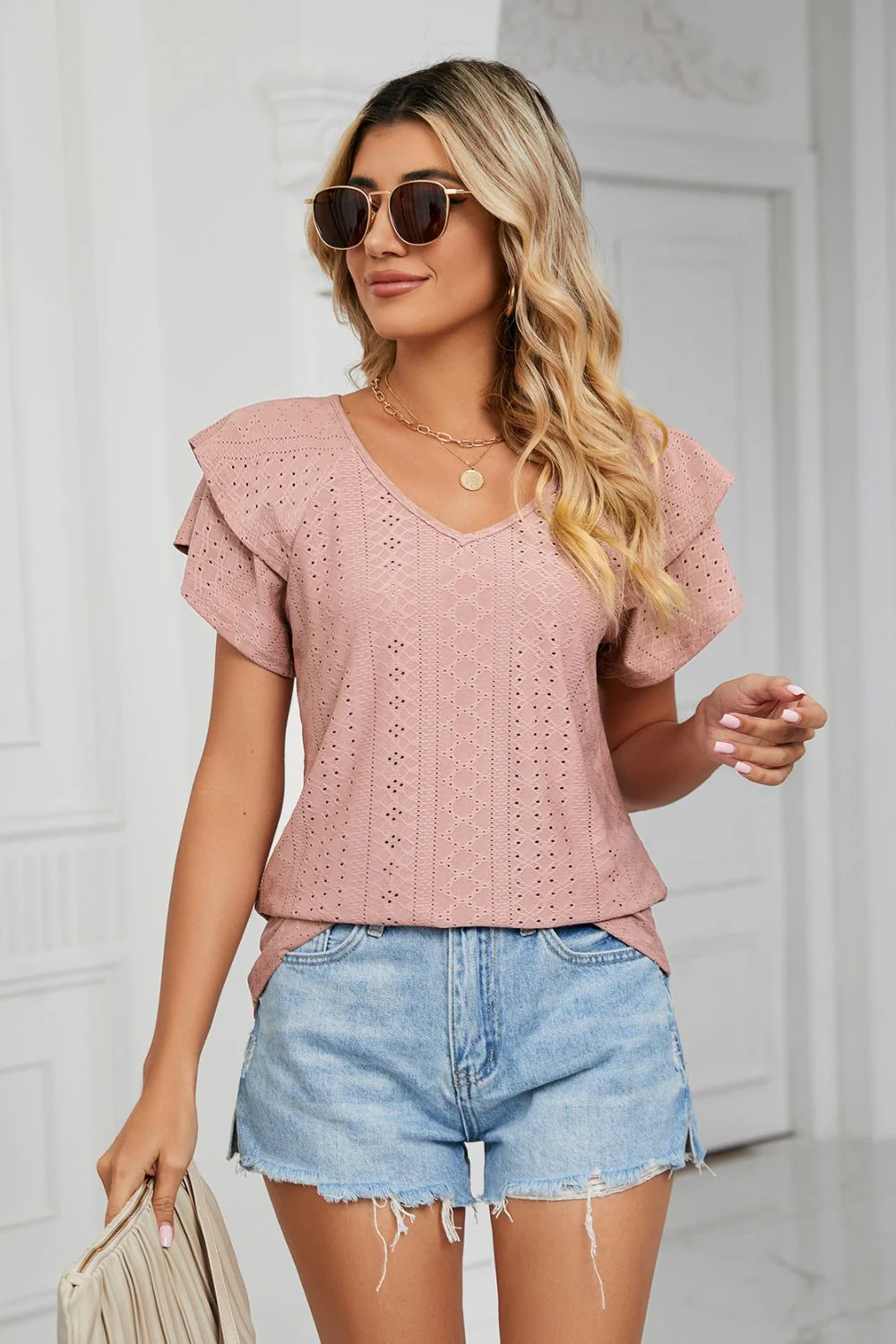 Eyelet Layered Flutter Sleeve V-Neck Knit Top - Image 4