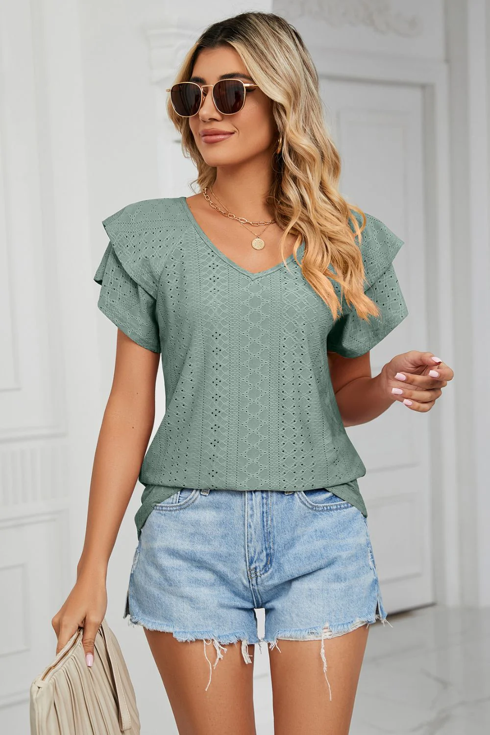 Eyelet Layered Flutter Sleeve V-Neck Knit Top - Image 8