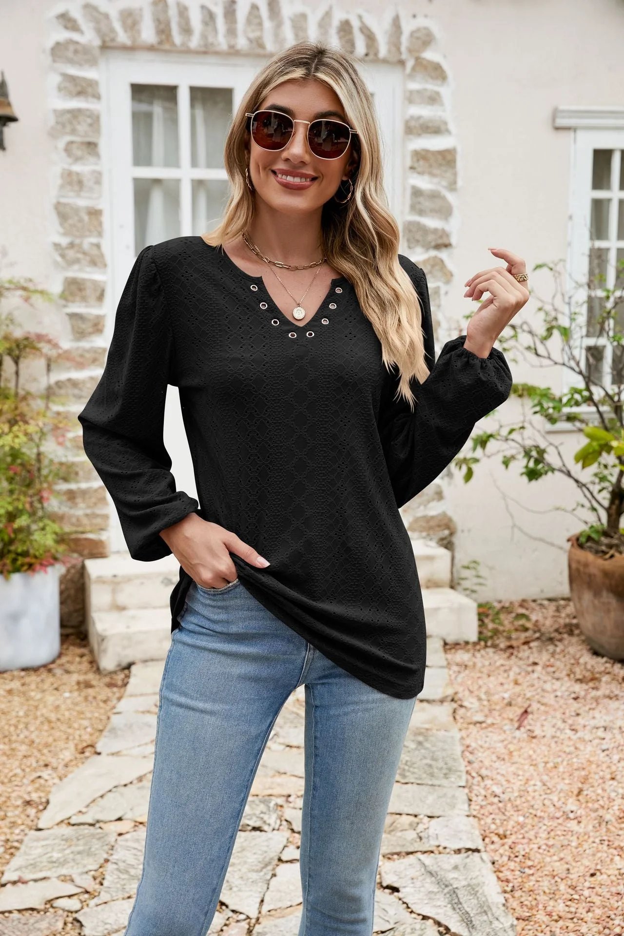 Eyelet Notched Neck Balloon Sleeve Blouse - Image 10