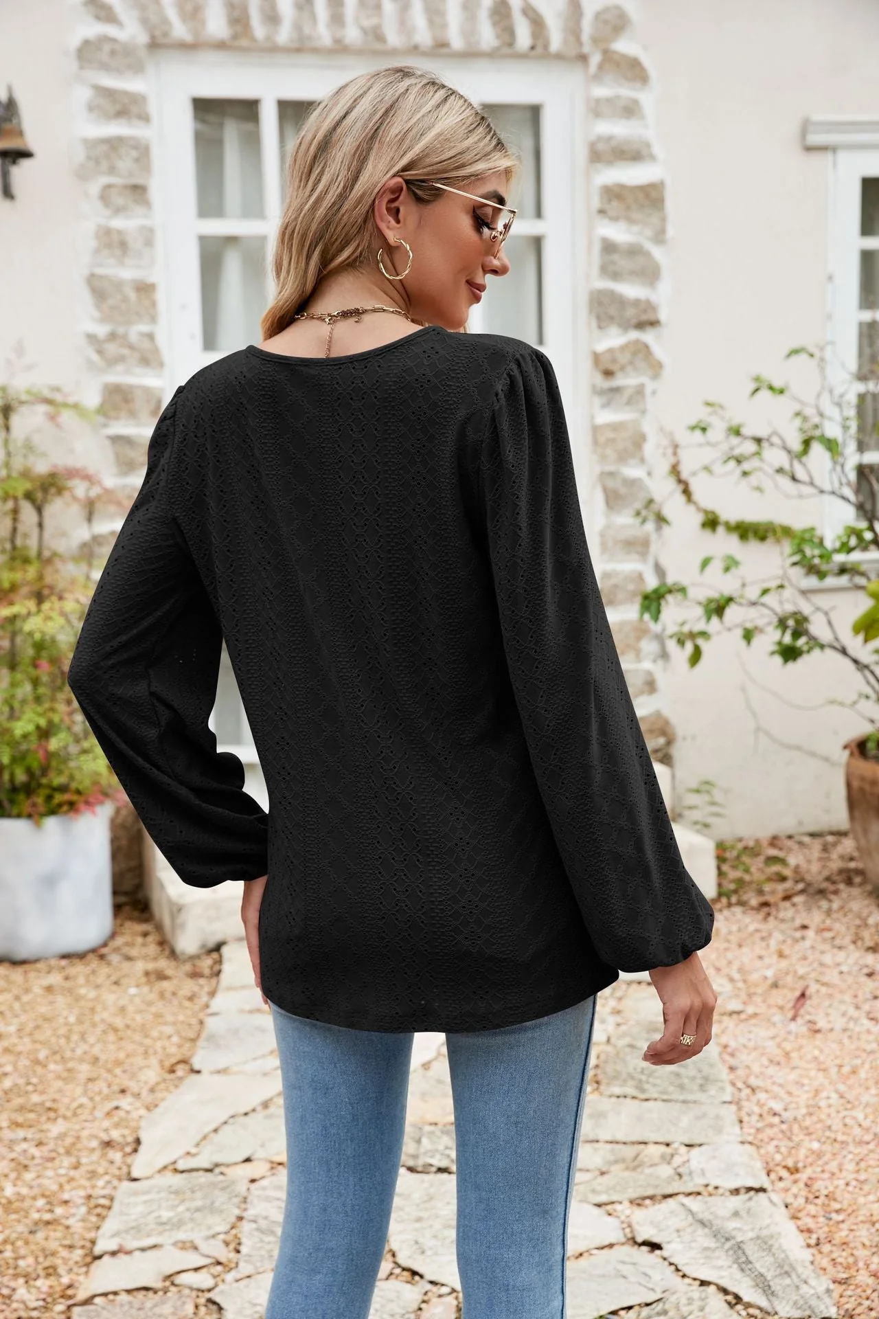 Eyelet Notched Neck Balloon Sleeve Blouse - Image 12