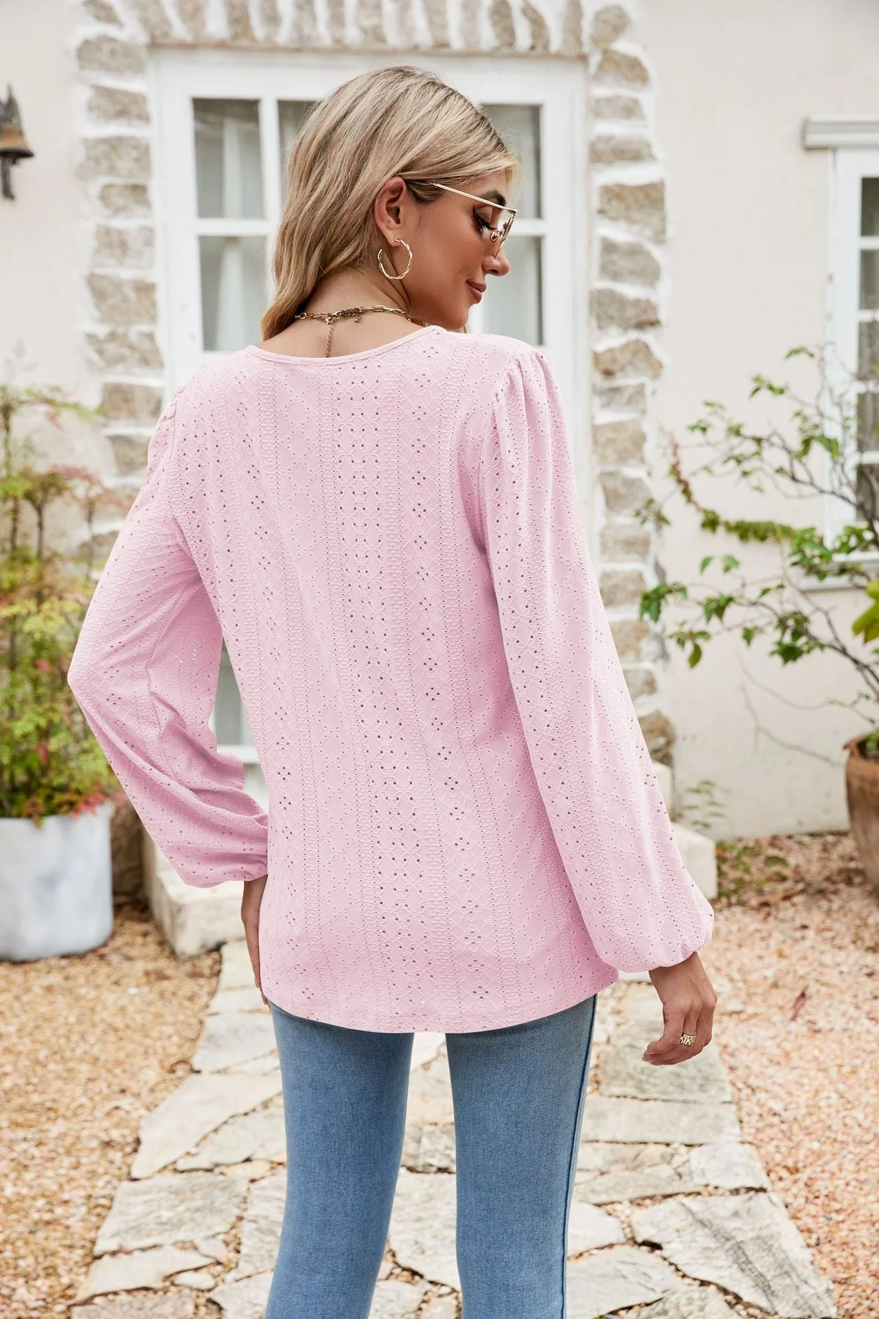 Eyelet Notched Neck Balloon Sleeve Blouse - Image 15