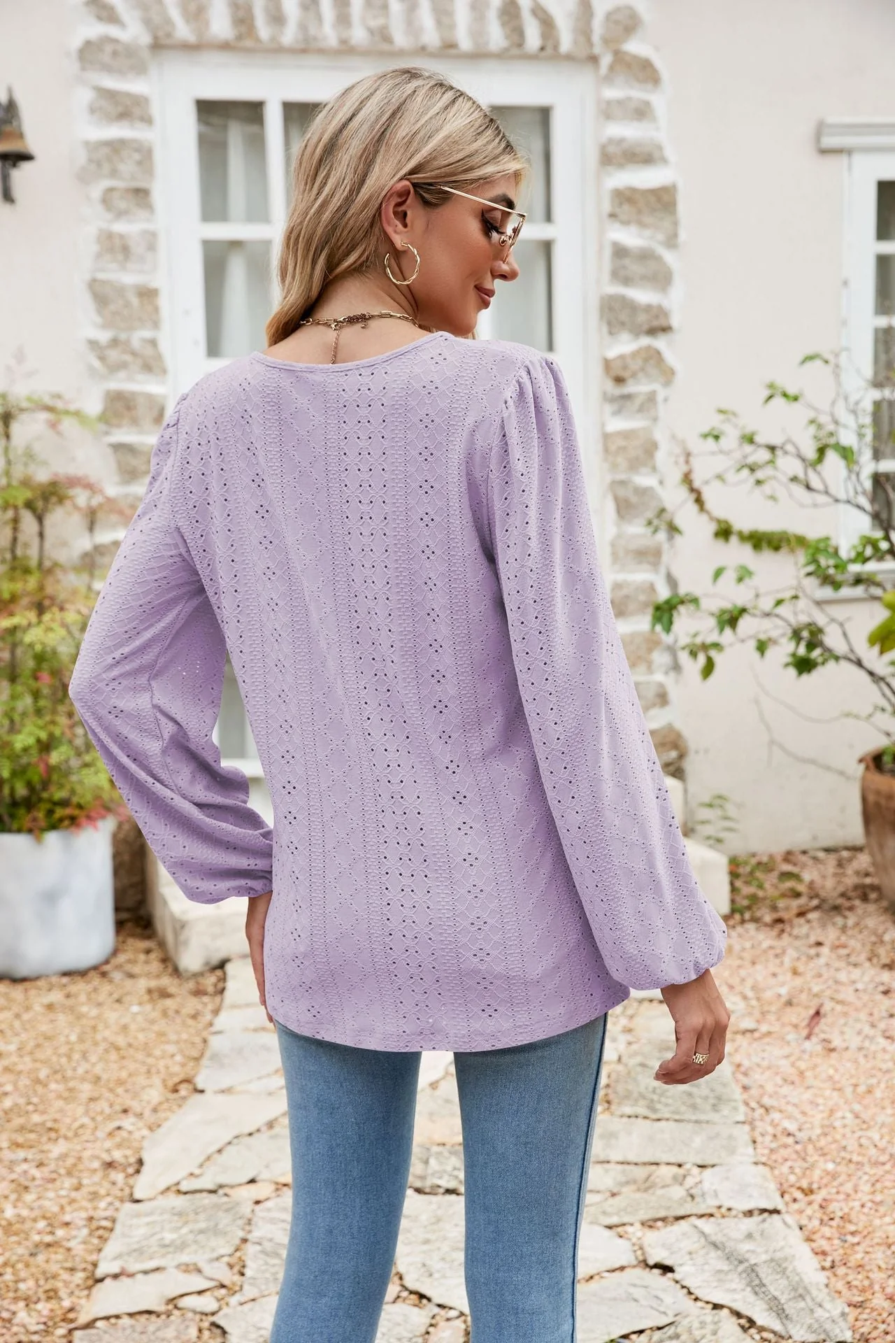 Eyelet Notched Neck Balloon Sleeve Blouse - Image 18