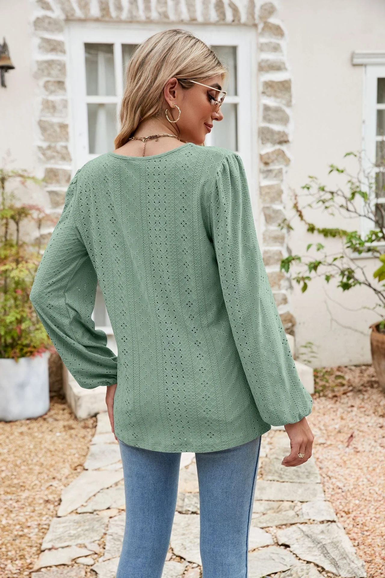 Eyelet Notched Neck Balloon Sleeve Blouse - Image 2