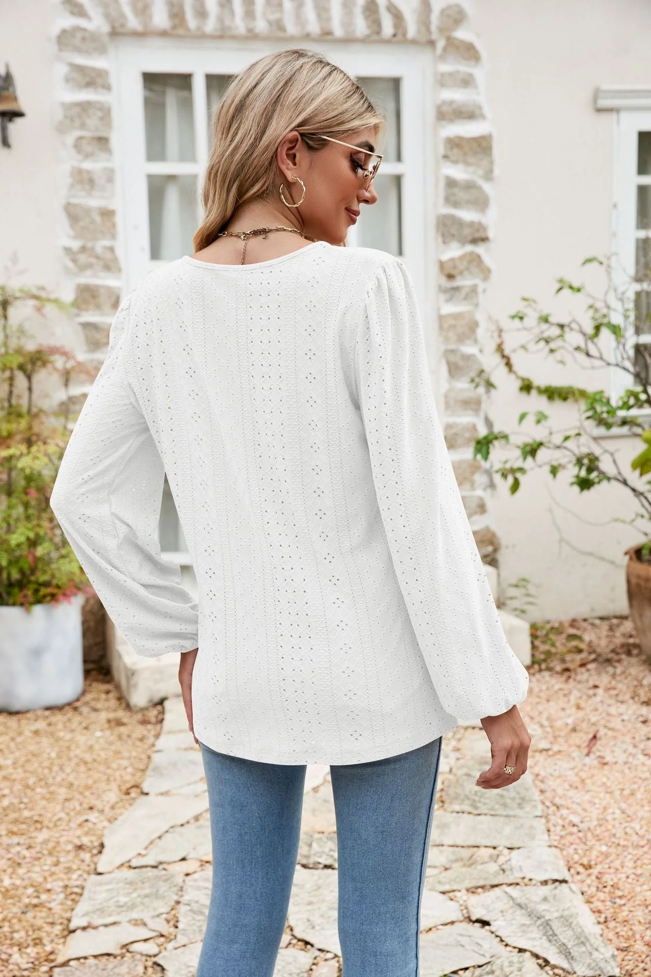 Eyelet Notched Neck Balloon Sleeve Blouse - Image 21
