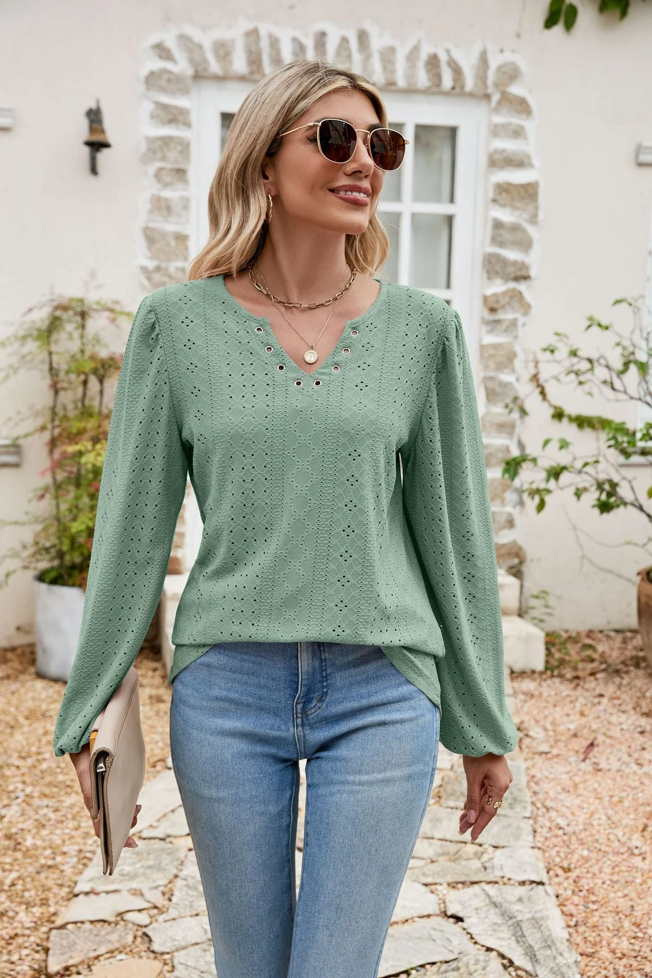 Eyelet Notched Neck Balloon Sleeve Blouse - Image 3