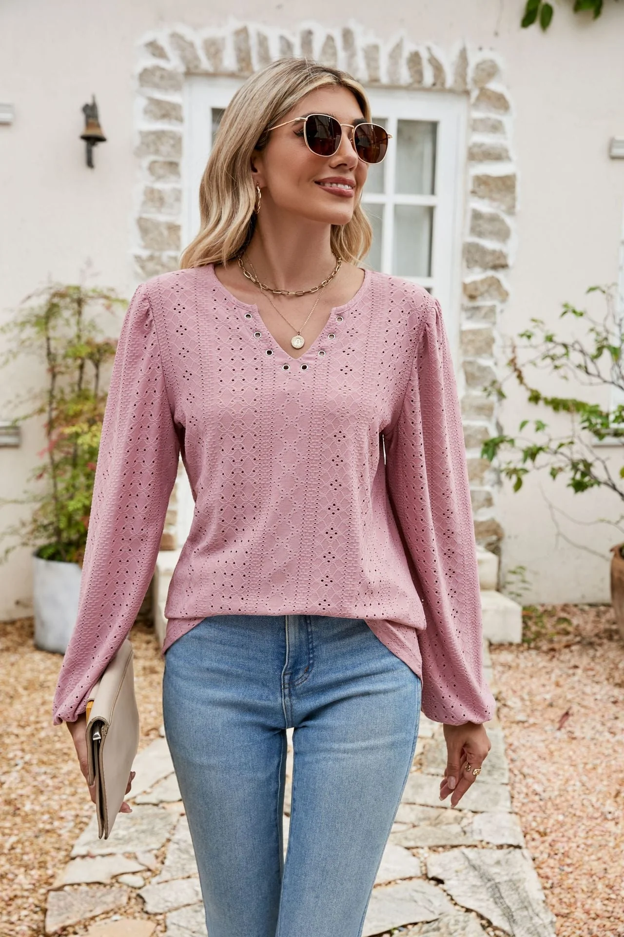 Eyelet Notched Neck Balloon Sleeve Blouse - Image 5