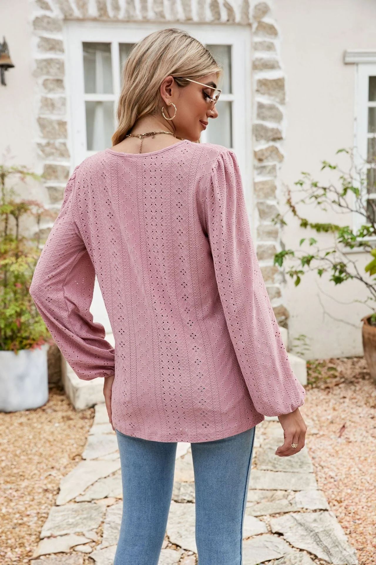 Eyelet Notched Neck Balloon Sleeve Blouse - Image 6