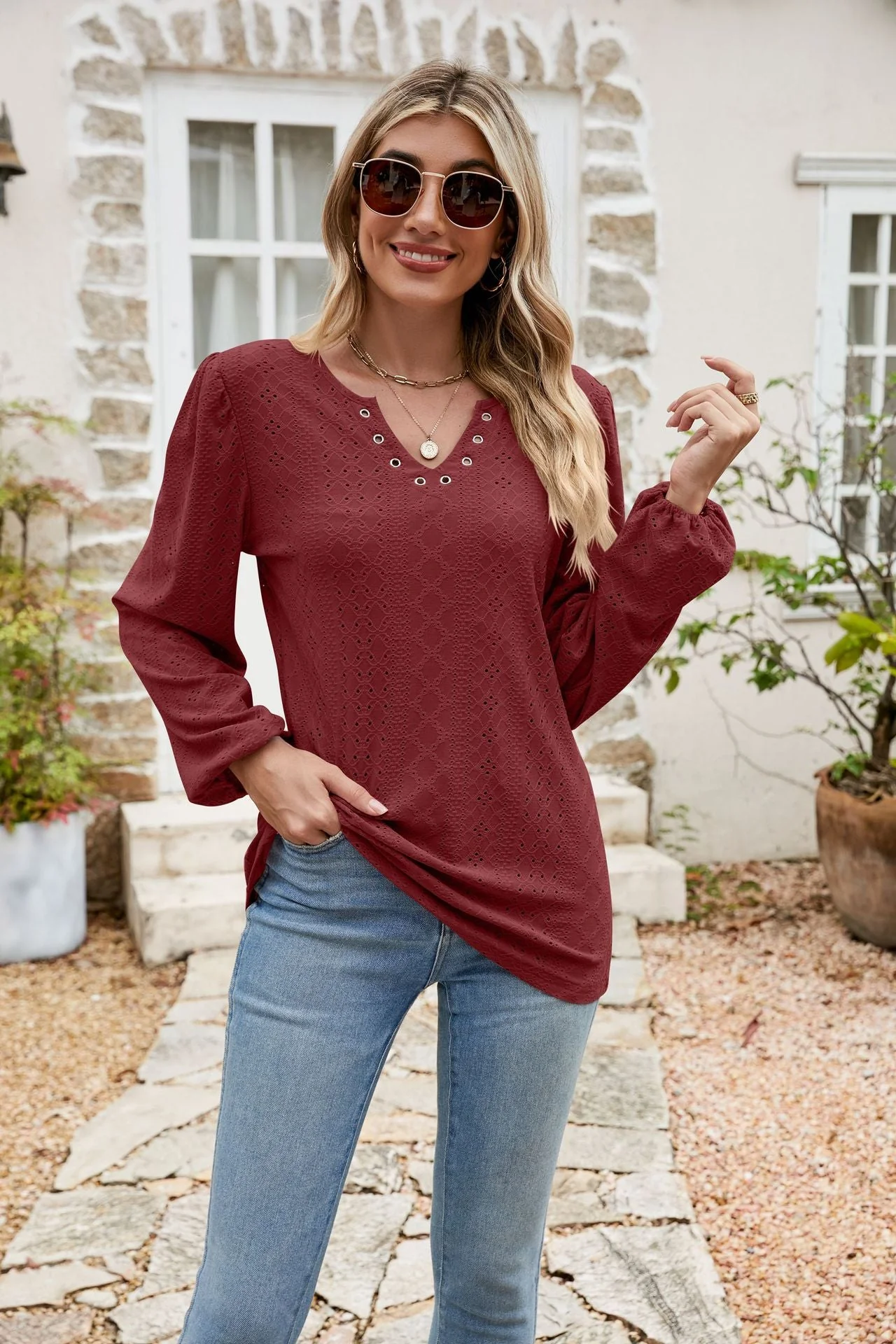 Eyelet Notched Neck Balloon Sleeve Blouse - Image 7