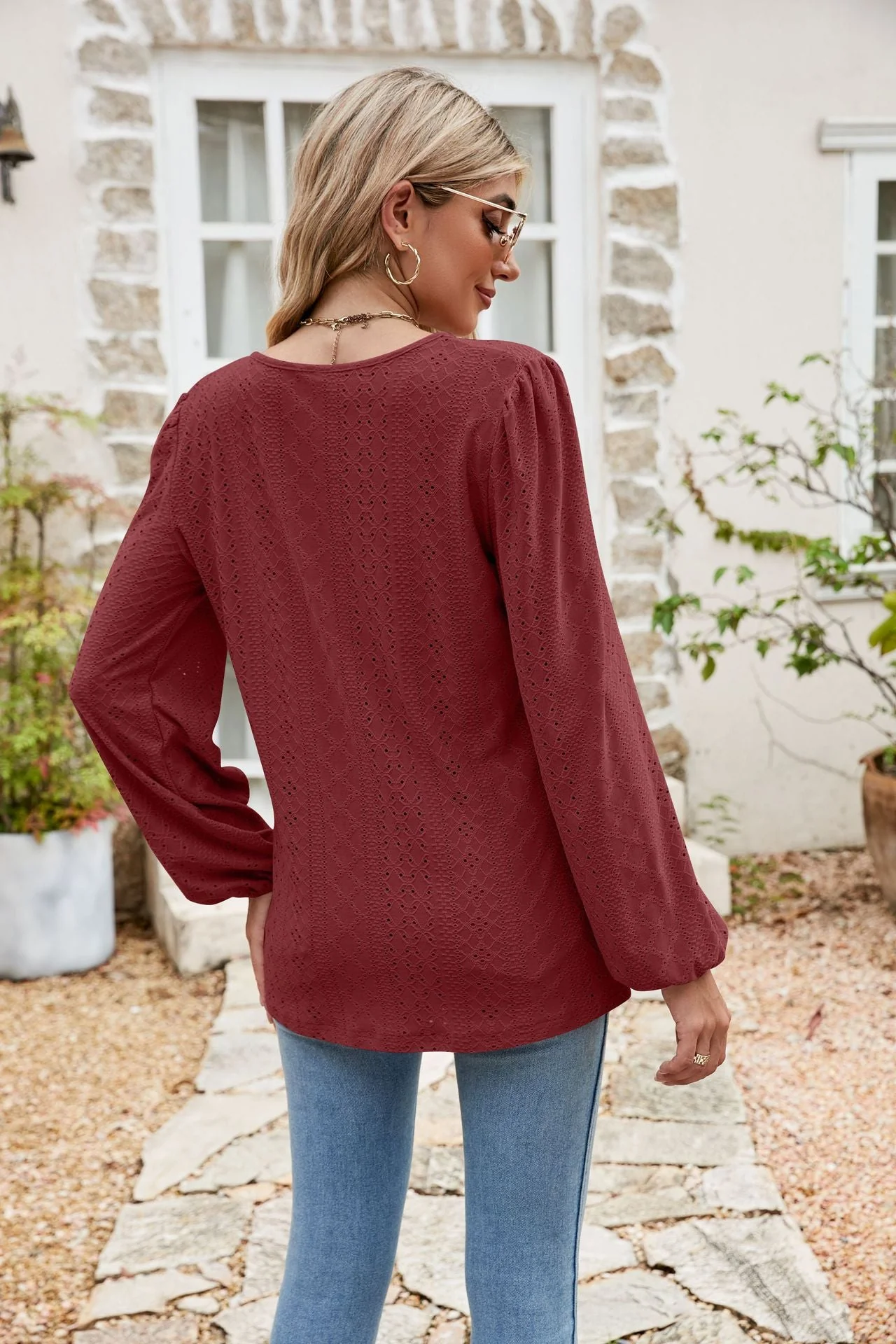 Eyelet Notched Neck Balloon Sleeve Blouse - Image 9