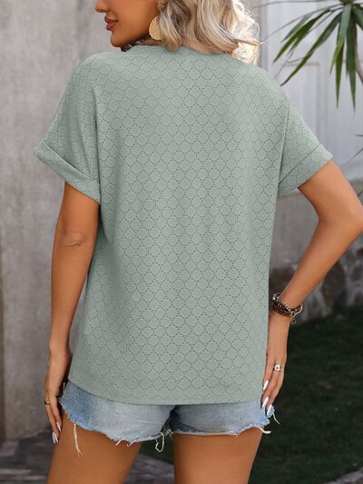 Eyelet Notched Short Sleeve T-Shirt - Image 12