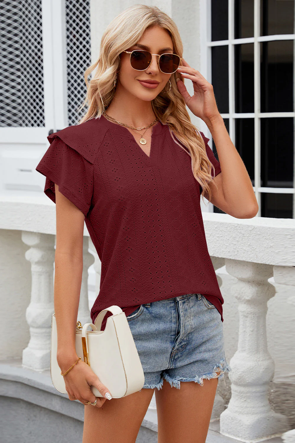 Eyelet Notched Short Sleeve T-Shirt - Image 11