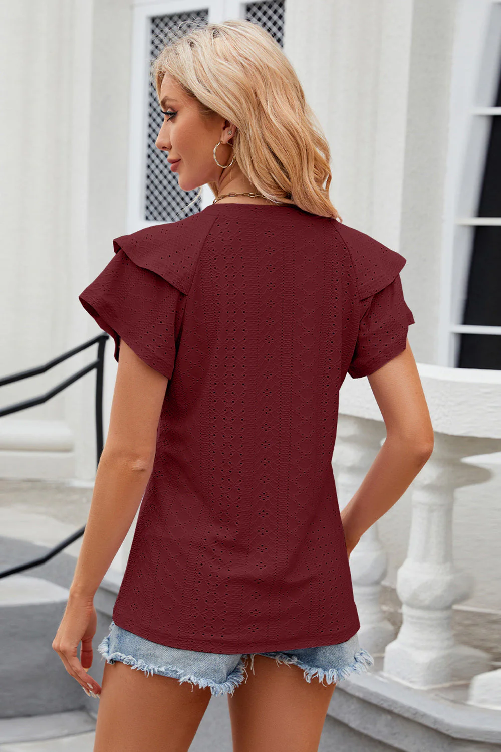 Eyelet Notched Short Sleeve T-Shirt - Image 12