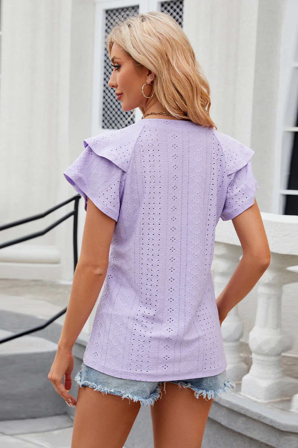 Eyelet Notched Short Sleeve T-Shirt - Image 16