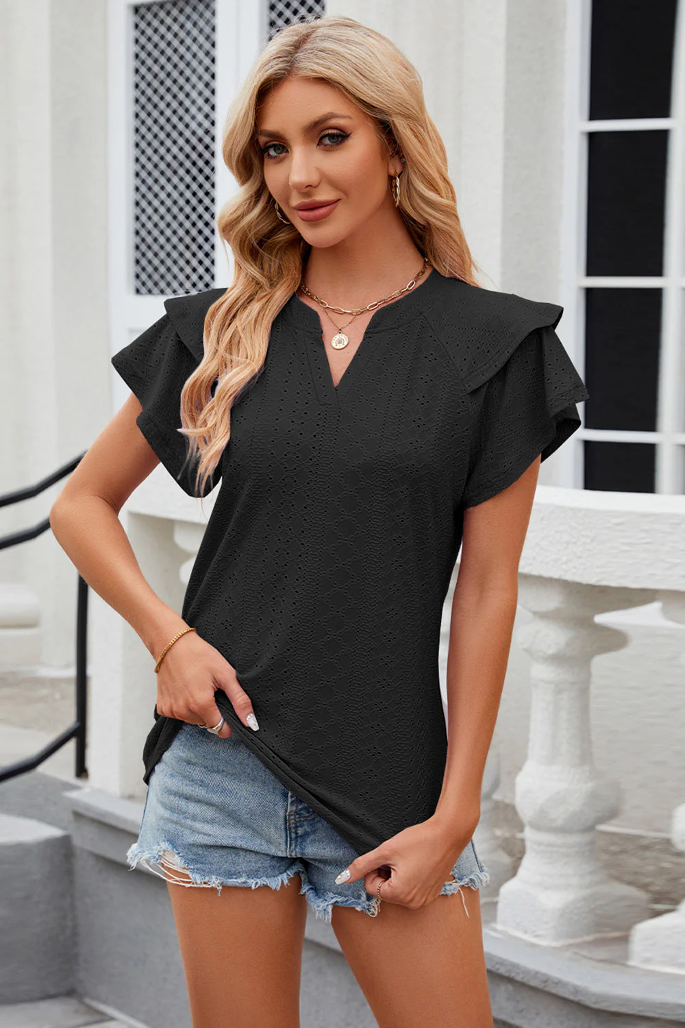 Eyelet Notched Short Sleeve T-Shirt - Image 17