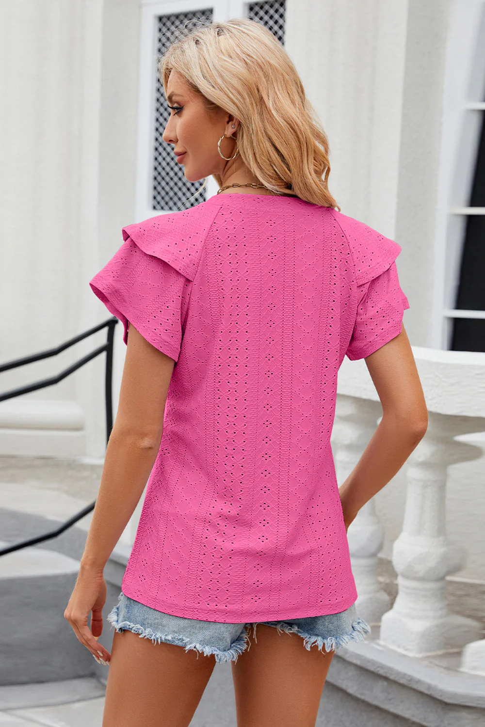 Eyelet Notched Short Sleeve T-Shirt - Image 2